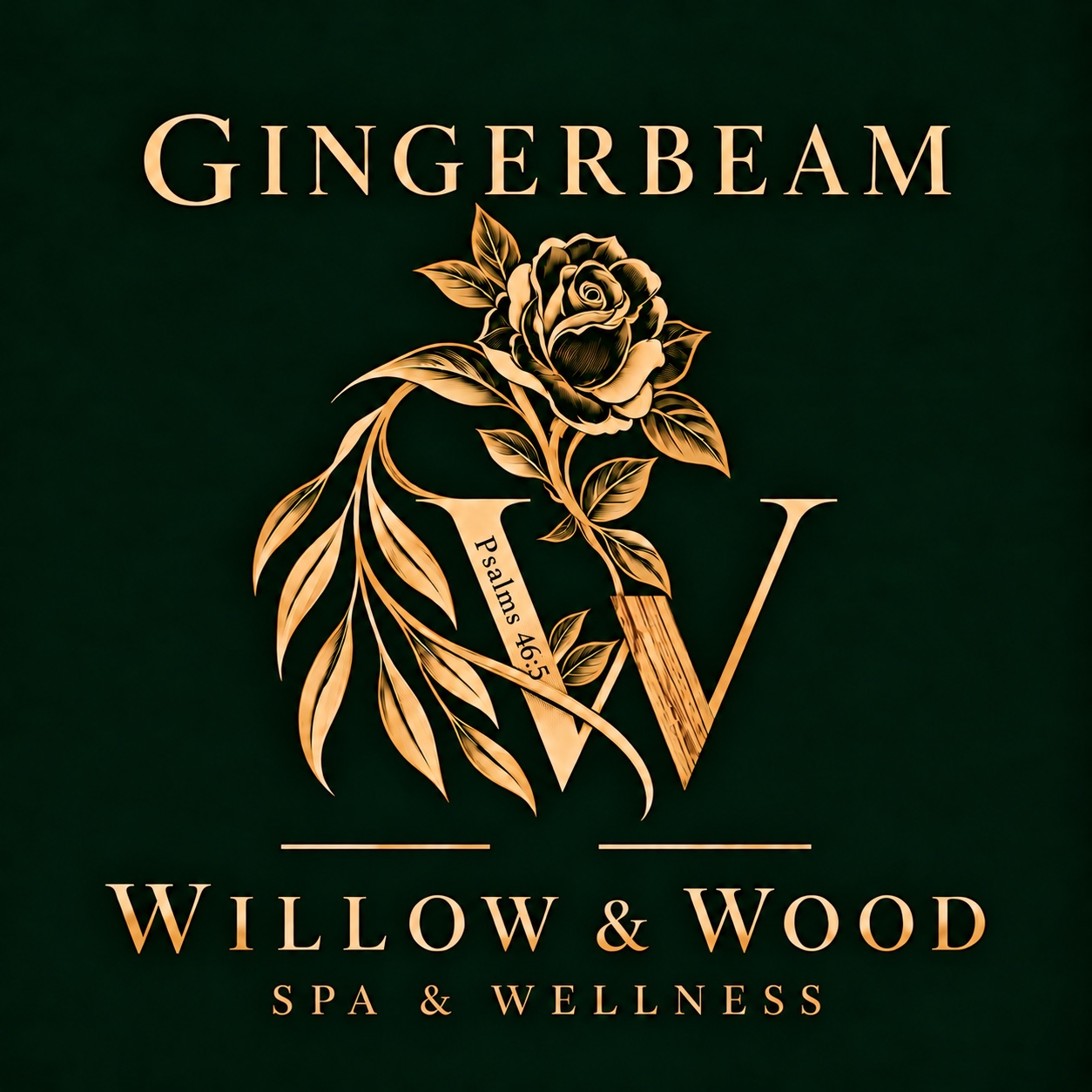 Gingerbeam Willow & Wood Spa & Wellness — gold floral W logo with Psalms 46:5