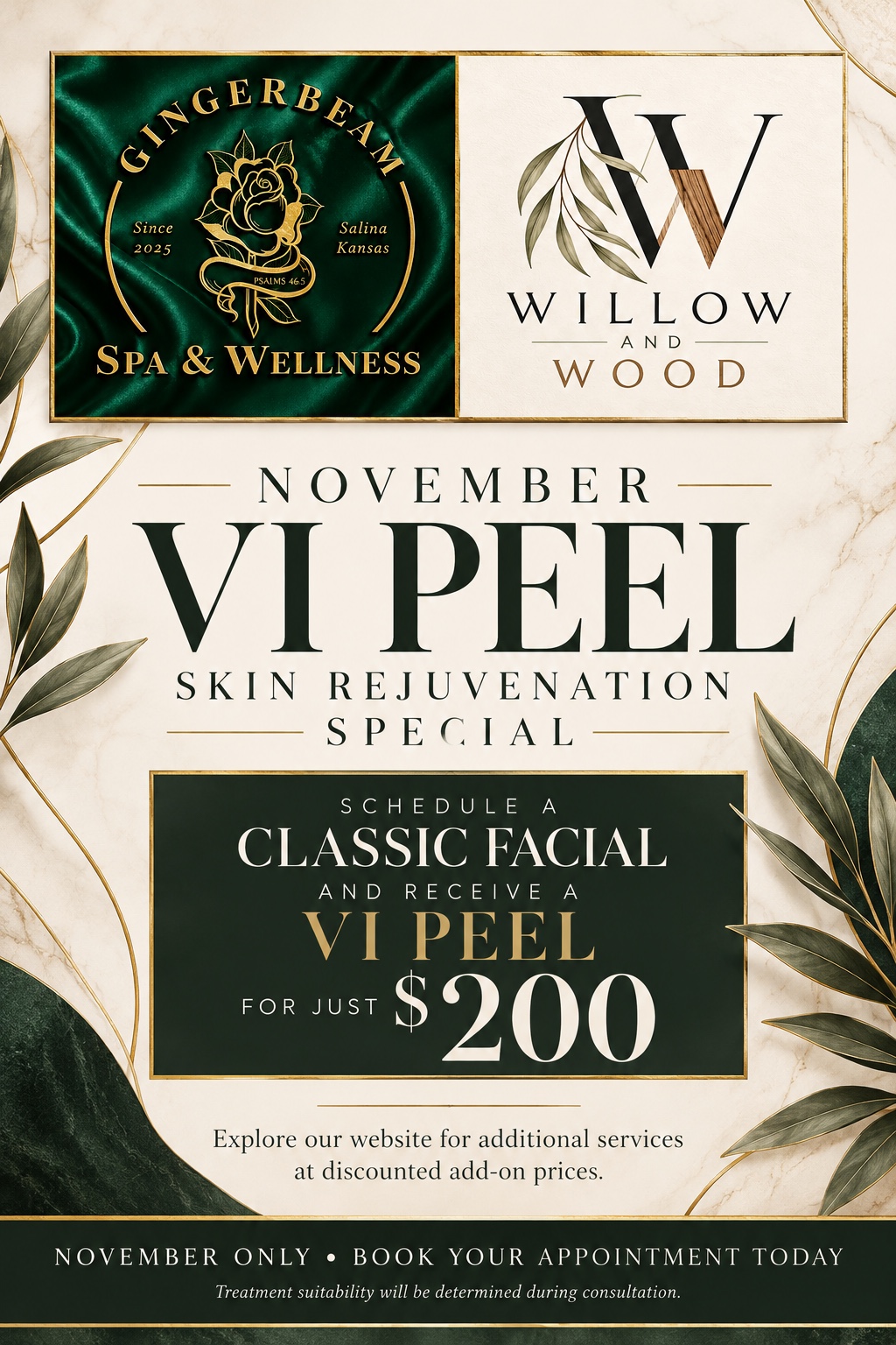 Gingerbeam Spa & Wellness and Willow and Wood November special: schedule a Classic Facial and receive a VI Peel for just $200. November only. Treatment suitability determined during consultation.